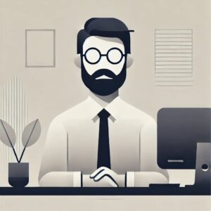 llustration minimaliste d’un homme barbu portant des lunettes dans un bureau moderne, assis à un bureau avec un ordinateur et une plante.