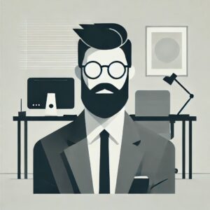 Illustration minimaliste d’un homme barbu portant des lunettes et un costume, assis dans un bureau moderne avec un ordinateur et une lampe de bureau.